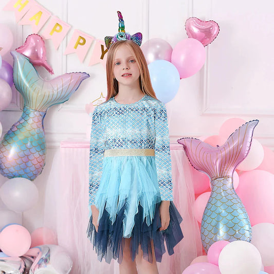 Magical Blue Mermaid Long Sleeve Tutu Dress